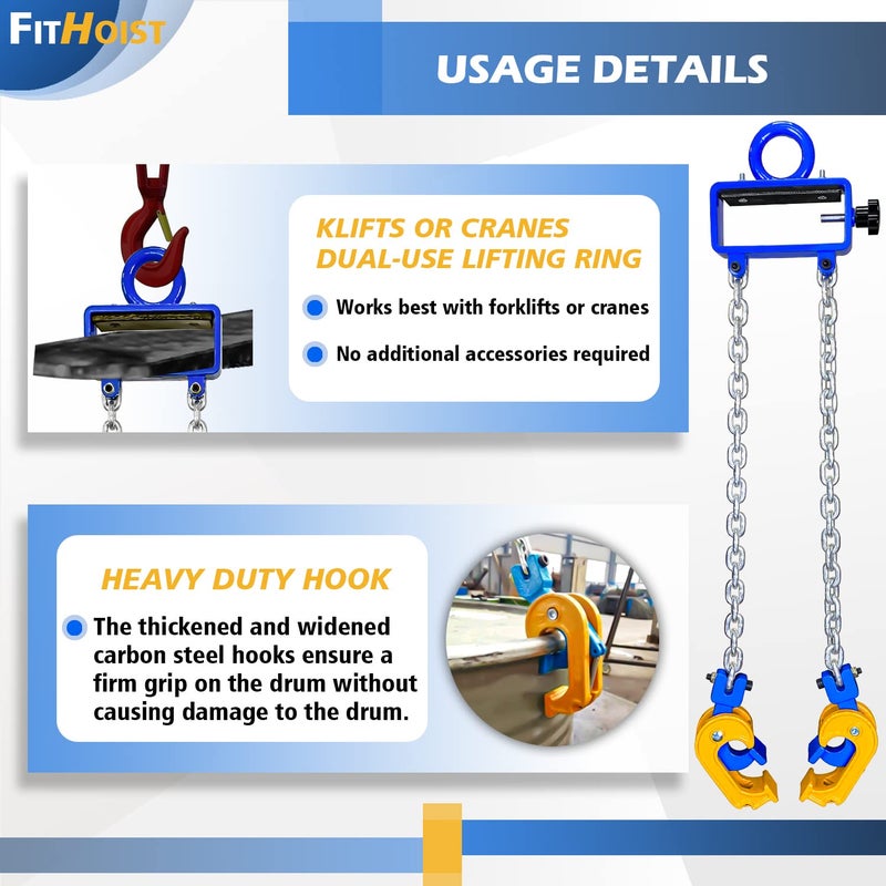 FITHOIST Updated Chain Drum Lifter | 2200 lbs Vertical Drum Lifter Chain Sling with Self-Lock Hook | Drum Handling Equipment 1 ton Capacity | Fit for metal Strap and plastic lid Drums - Image 5